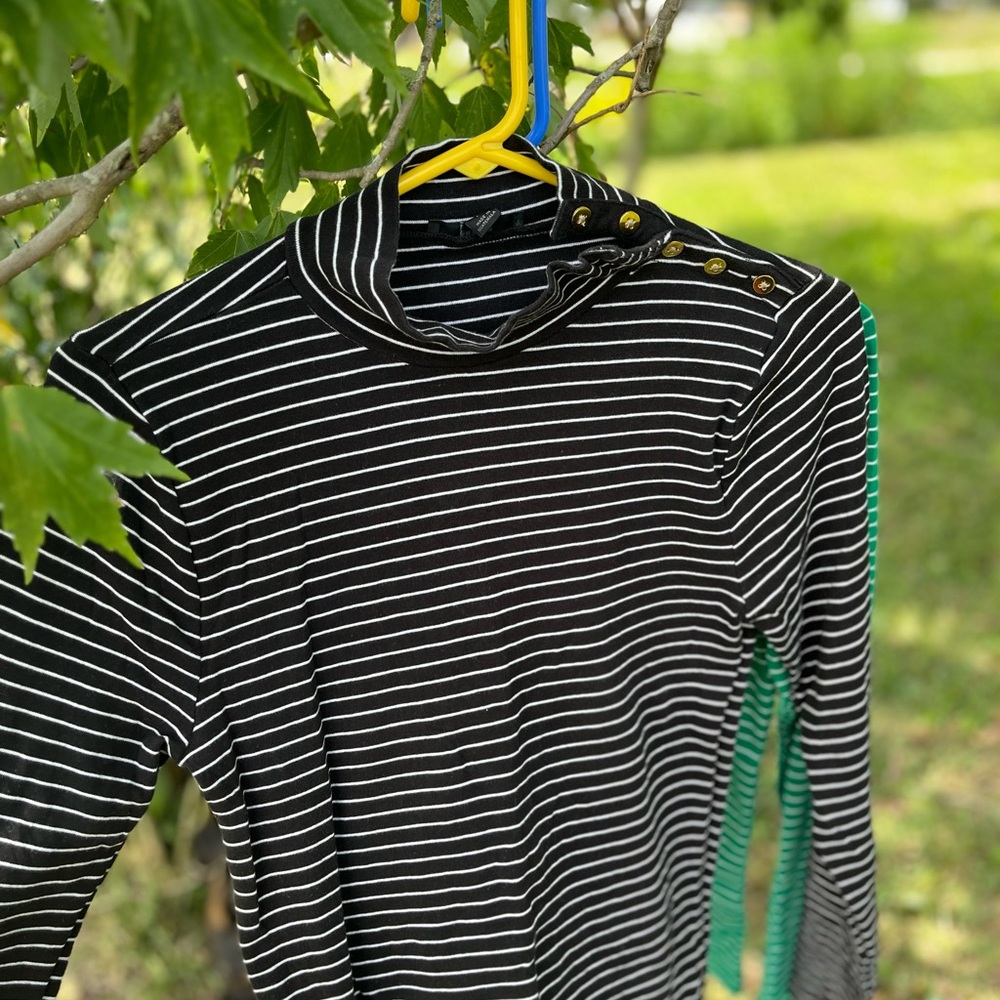 J. Crew Black and White Striped Shirt with Gold Buttons